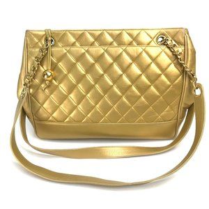 CHANEL Gold Lambskin Leather Shoulder Bag